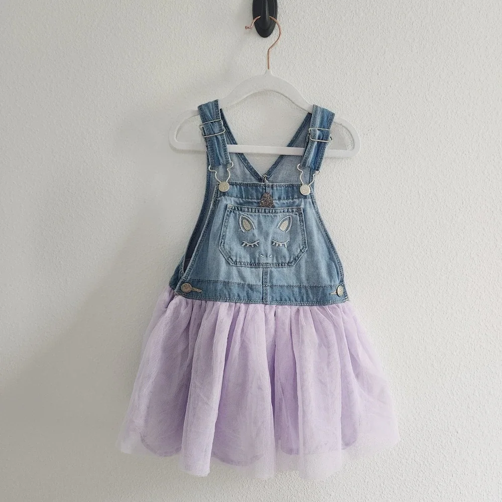 OshKosh Bgosh Girls 4T Denim‎ Unicorn Tutu Overall Dress Blue Purple